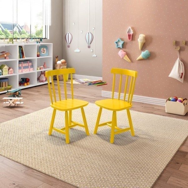 Encontraproduto.com.br - Mesa Infantil com 2 cadeiras Mariah Madeira Maciça e Laca Casatema Branco/Amarelo