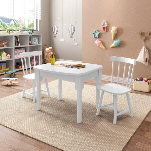 Encontraproduto.com.br - Mesa Infantil com 2 cadeiras Mariah Madeira Maciça e Laca Casatema Branco