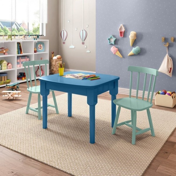 Encontraproduto.com.br - Mesa Infantil com 2 cadeiras Mariah Madeira Maciça e Laca Casatema Azul Zimbro/Menta