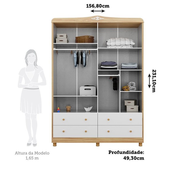 Encontraproduto.com.br - Guarda-roupa De Bebê 156,80cm 4 Portas Com Janela 4 Gavetas 100% Mdf Maya Provençal Espresso Móveis Branco
