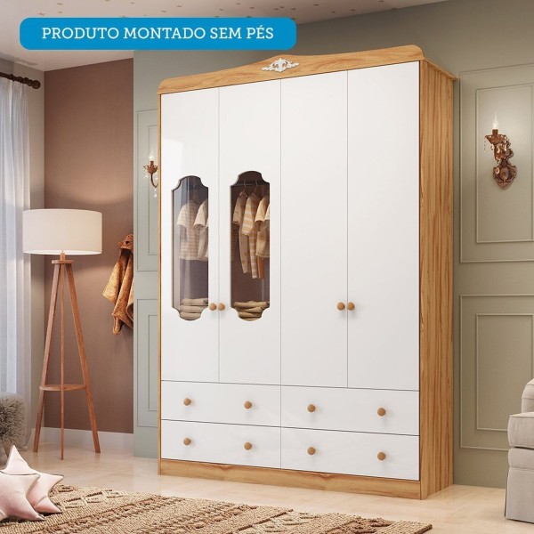 Encontraproduto.com.br - Guarda-roupa De Bebê 156,80cm 4 Portas Com Janela 4 Gavetas 100% Mdf Maya Provençal Espresso Móveis Branco