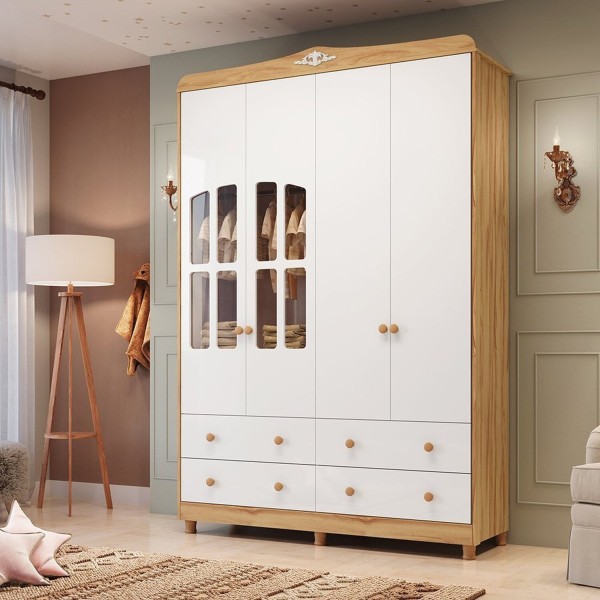 Encontraproduto.com.br - Guarda-roupa De Bebê 156,80cm 4 Portas Com Janela E 4 Gavetas 100% Mdf Maya Clássico Espresso Móveis Branco