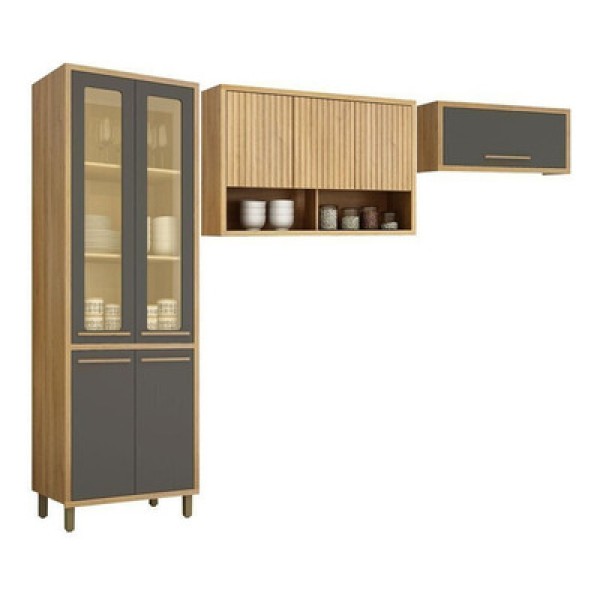 Encontraproduto.com.br - Conjunto De Cozinha Com Armário Paneleiro 4 Portas Com Vidro E 2 Armários Aéreo Ripado Torino Cinamomo-grafite