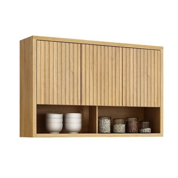 Encontraproduto.com.br - Conjunto De Cozinha Com Armário Paneleiro 4 Portas Com Vidro E 2 Armários Aéreo Ripado Torino Cinamomo-grafite