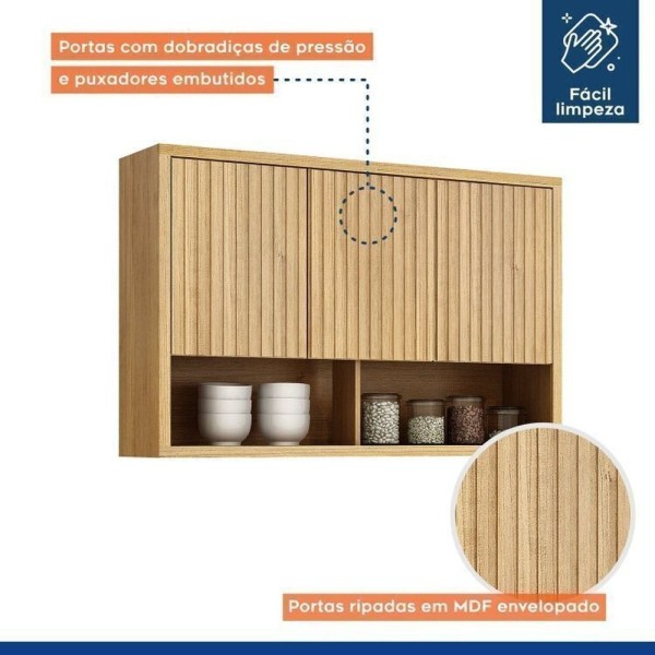 Encontraproduto.com.br - Conjunto De Cozinha Com Armário Paneleiro 4 Portas Com Vidro E 2 Armários Aéreo Ripado Torino Cinamomo-grafite