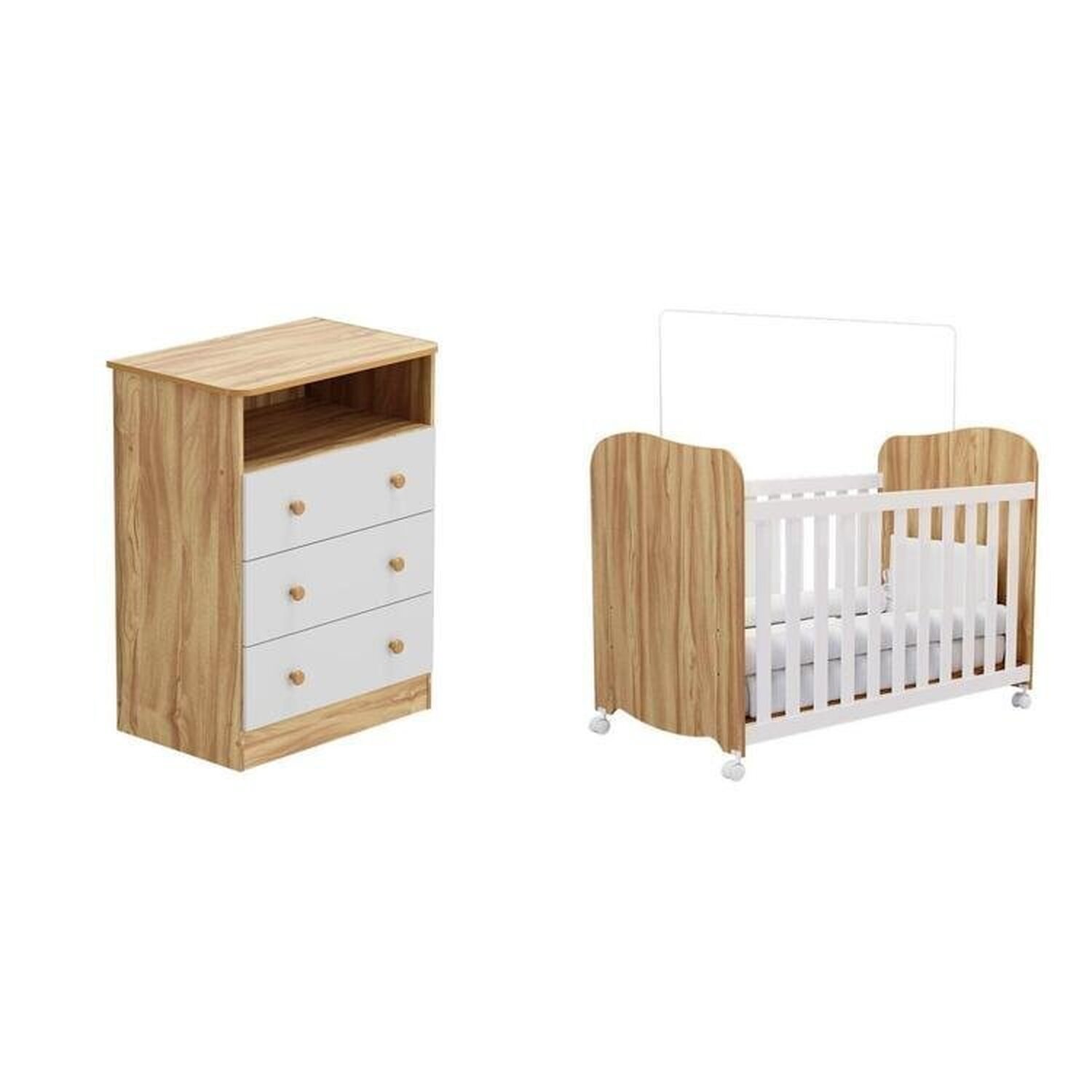 Encontraproduto.com.br - Quarto de Bebê com Cômoda 3 Gavetas e Berço Americano 100% Mdf Teka Espresso Móveis Branco Brilho/Amêndoa