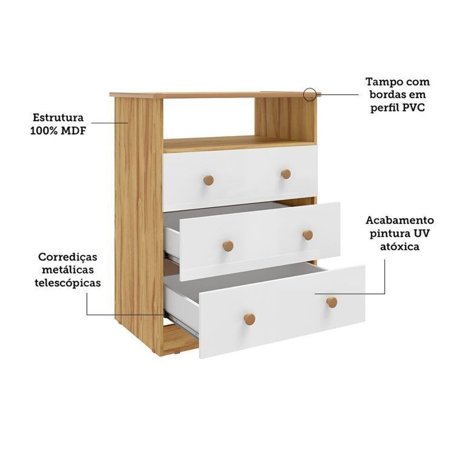 Encontraproduto.com.br - Quarto de Bebê com Cômoda 3 Gavetas e Berço Americano 100% Mdf Teka Espresso Móveis Branco Brilho/Amêndoa