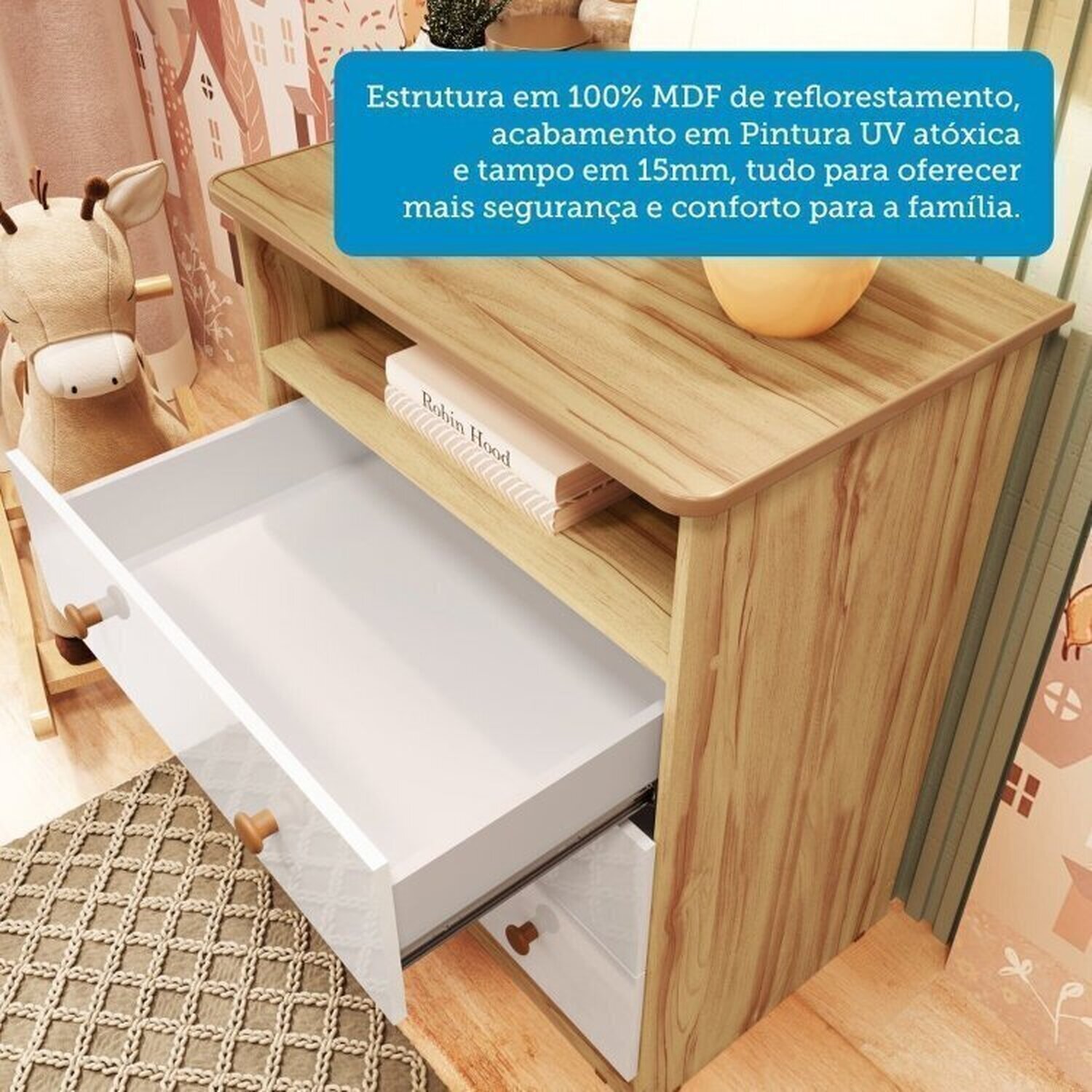 Encontraproduto.com.br - Quarto de Bebê com Cômoda 3 Gavetas e Berço Americano 100% Mdf Teka Espresso Móveis Branco Brilho/Amêndoa