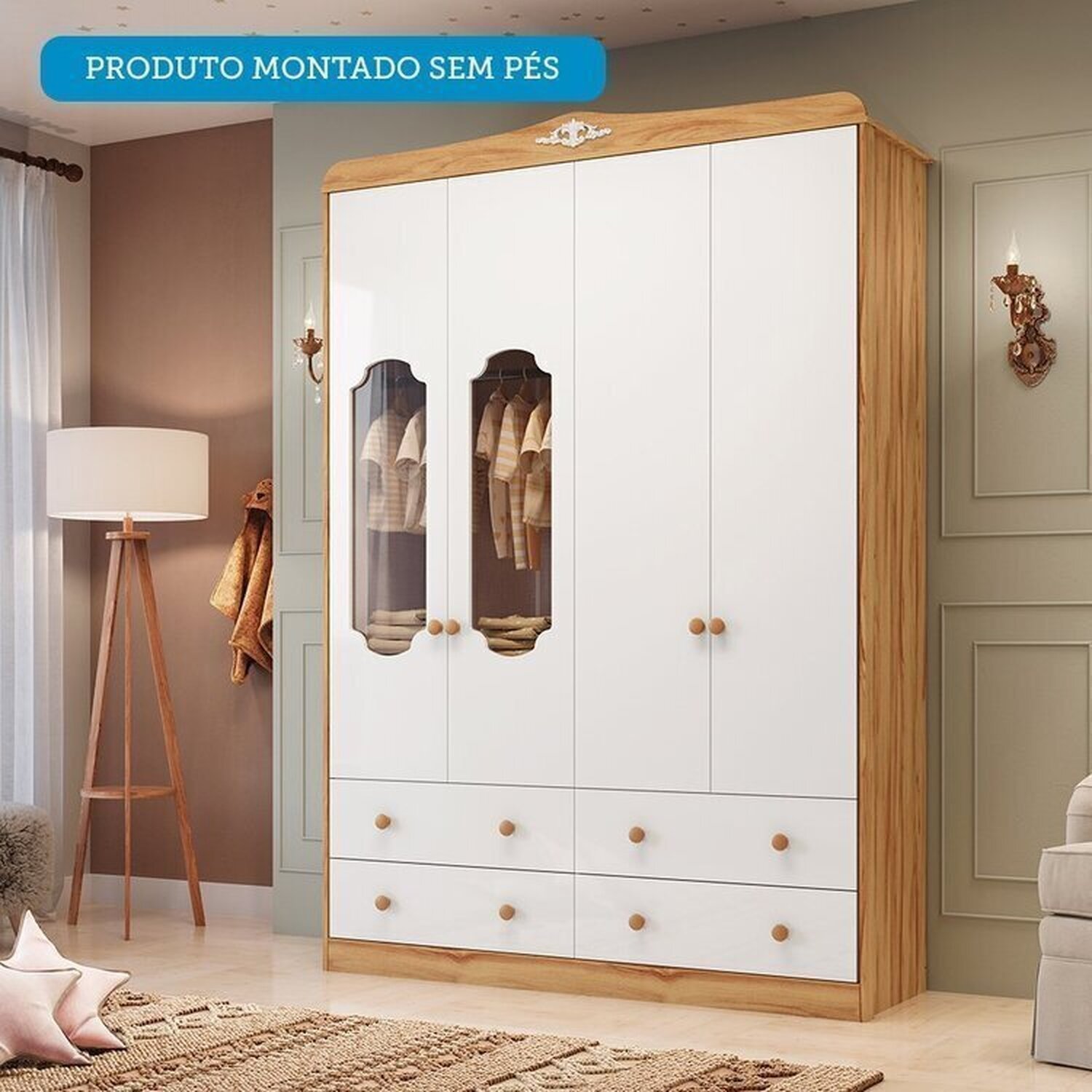 Encontraproduto.com.br - Quarto de Bebê com Guarda-roupa Cômoda e Berço com Capitonê 100% Mdf Maya Provençal Espresso Móveis Branco Brilho/Amêndoa/Branco