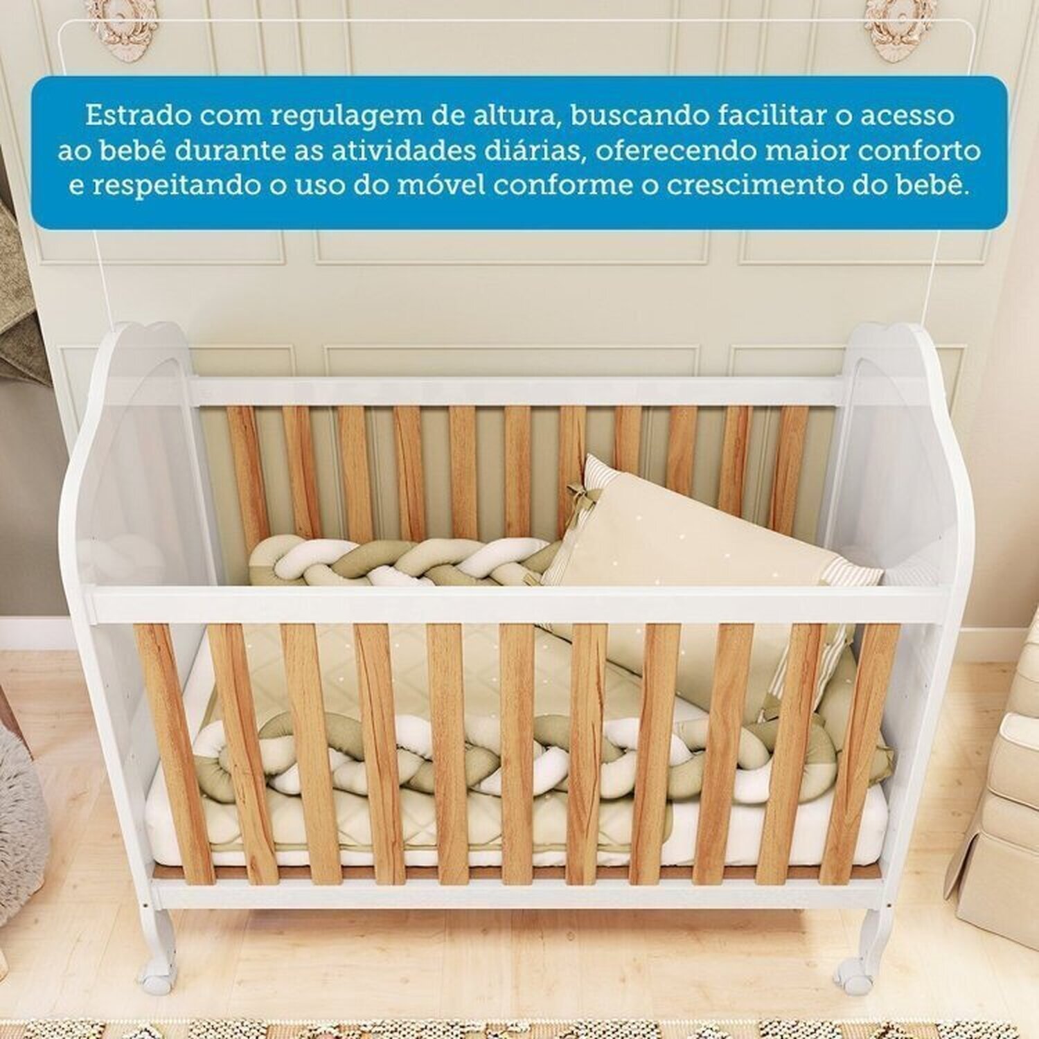 Encontraproduto.com.br - Quarto de Bebê com Guarda-roupa Cômoda e Berço com Capitonê 100% Mdf Maya Provençal Espresso Móveis Branco Brilho/Amêndoa/Branco