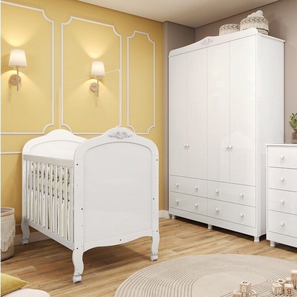 Quarto de Bebê com Berço Mini Cama e Guarda Roupa 4 Portas Maya Clássico Espresso Móveis Branco Brilho