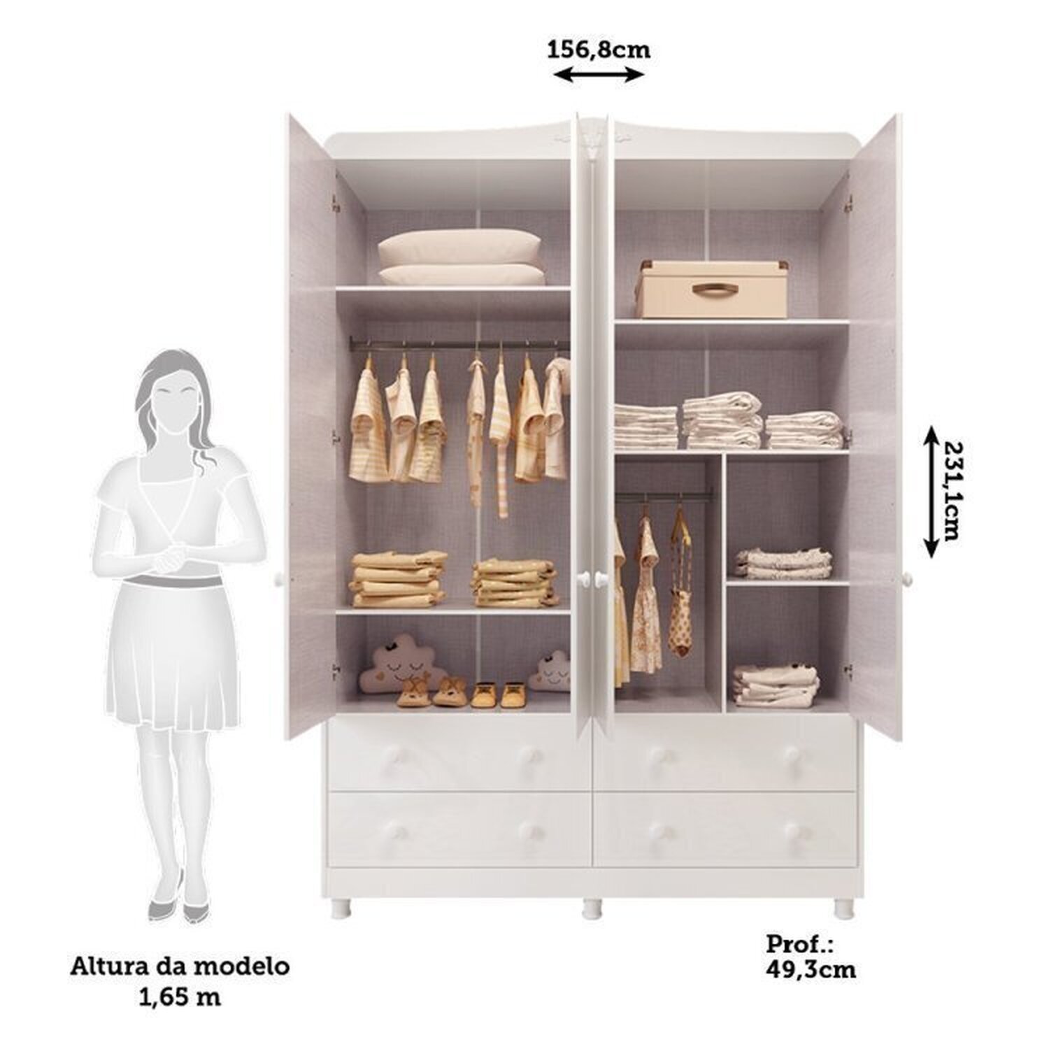 Encontraproduto.com.br - Quarto de Bebê Berço com Capitonê e Guarda Roupa 4 Portas Maya Clássico Espresso Móveis Branco Brilho/Branco