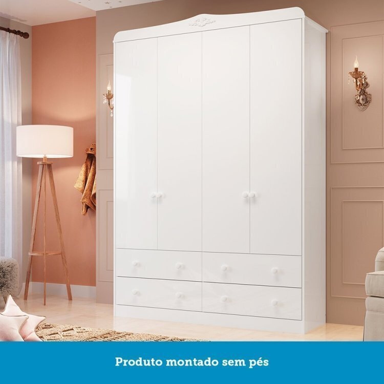 Encontraproduto.com.br - Quarto de Bebê Berço com Capitonê e Guarda Roupa 4 Portas Maya Clássico Espresso Móveis Branco Brilho/Branco
