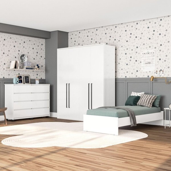 Encontraproduto.com.br - Guarda-Roupa Sevilha 4 Portas Cômoda 8 Gavetas Cama Infanto Juvenil Solteiro Branco
