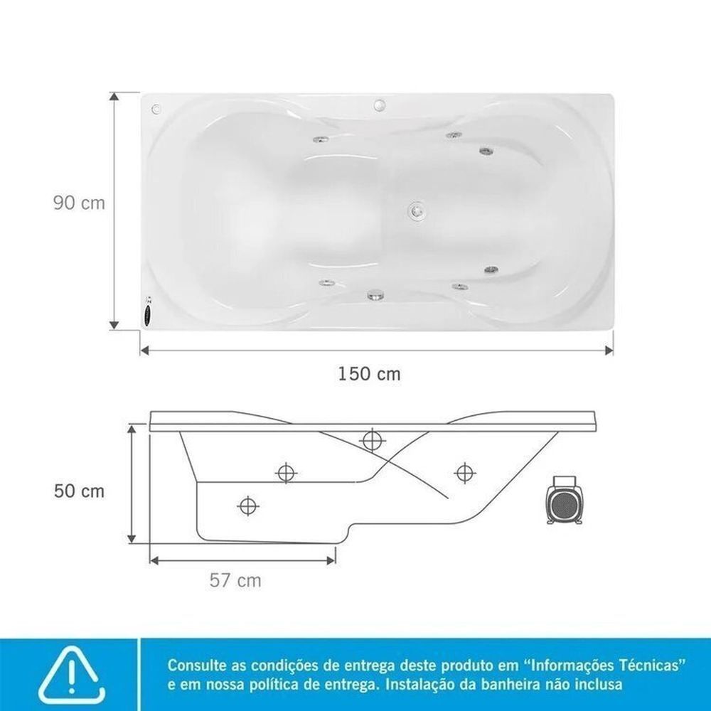 Banheira De Hidromassagem Due Gran Luxo 150x90x50cm - P2 - 110v - Com Aquecedor E Cromoterapia Branco