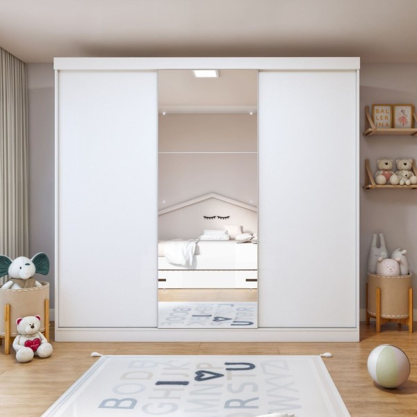 Encontraproduto.com.br - Guarda-roupa Infantil 3 Portas de Correr 4 Gavetas e 3 Espelhos Elô Branco