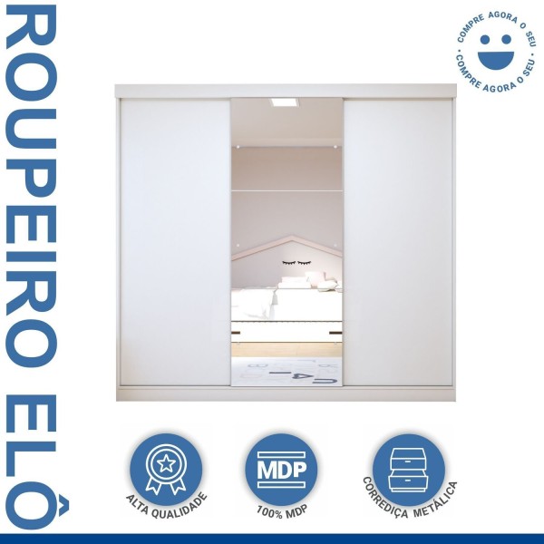 Encontraproduto.com.br - Guarda-roupa Infantil 3 Portas de Correr 4 Gavetas e 3 Espelhos Elô Branco