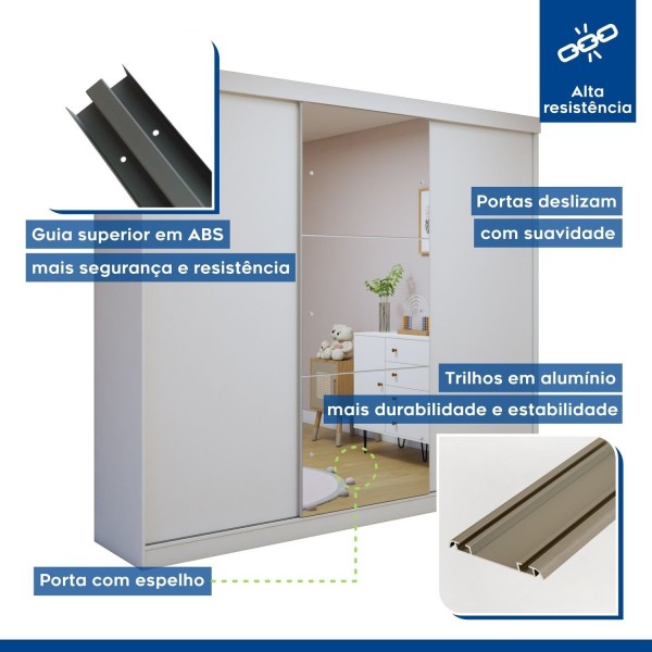 Encontraproduto.com.br - Guarda-roupa Infantil 3 Portas de Correr 4 Gavetas e 3 Espelhos Elô Branco