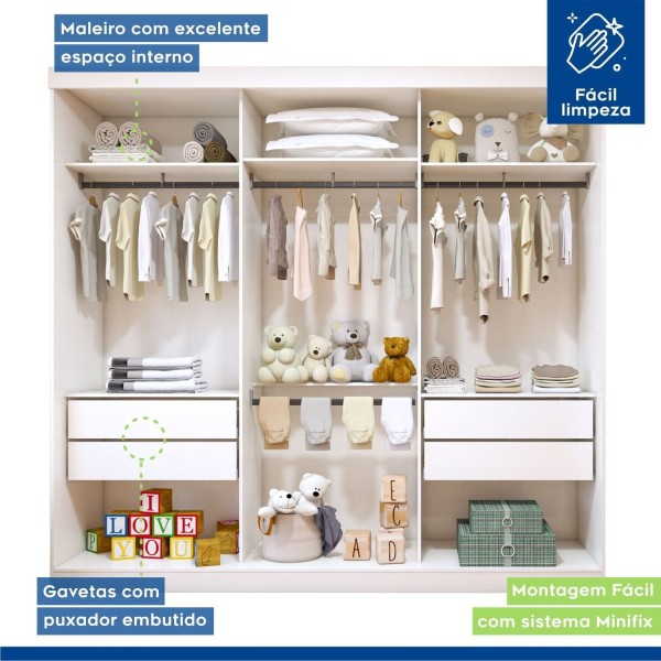 Encontraproduto.com.br - Guarda-roupa Infantil 3 Portas de Correr 4 Gavetas e 3 Espelhos Elô Branco