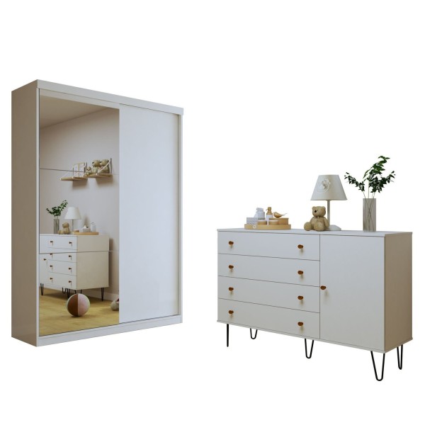 Encontraproduto.com.br - Quarto Infantil Guarda-Roupa 2 Portas Correr e Espelhos Arabella com Cômoda 1 Porta 4 Gavetas Aurora Branco