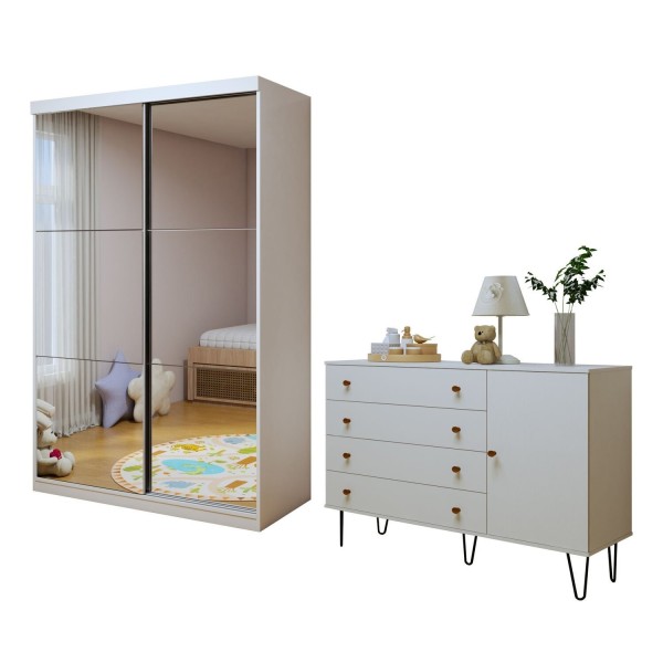 Encontraproduto.com.br - Quarto Infantil Guarda-Roupa 2 Portas Espelhadas Lumi com Cômoda 1 Porta 4 Gavetas Aurora Branco