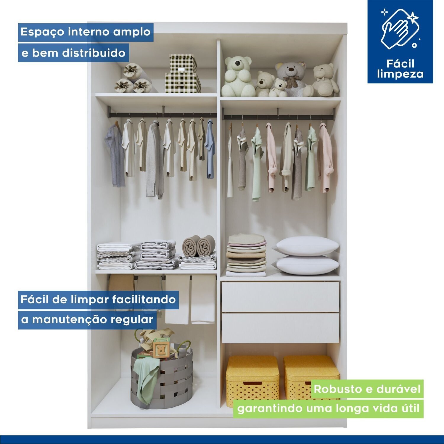 Encontraproduto.com.br - Quarto Infantil Guarda-Roupa 2 Portas Espelhadas Lumi com Cômoda 1 Porta 4 Gavetas Aurora Branco