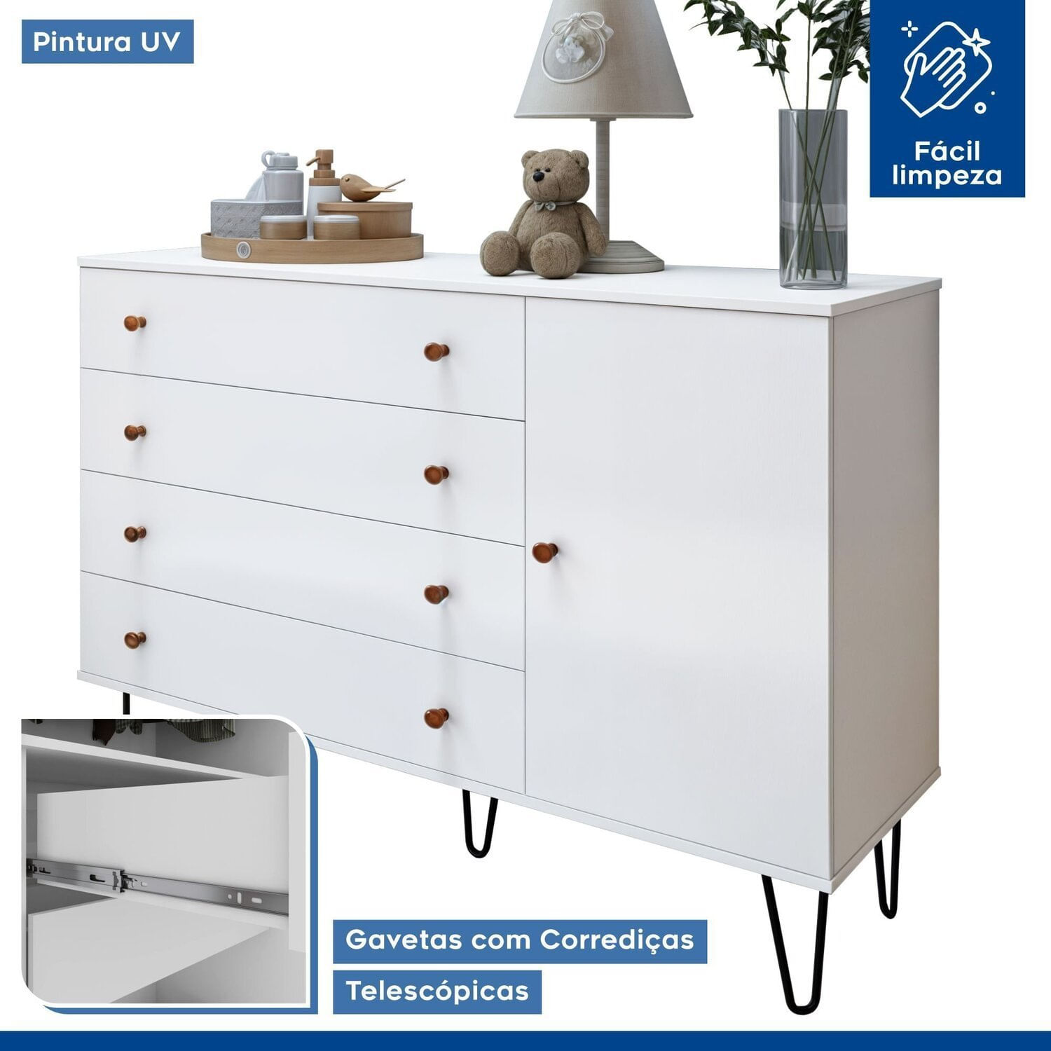 Encontraproduto.com.br - Quarto Infantil Guarda-Roupa 3 Portas de Correr e Espelho Elô e Cômoda Aurora Branco