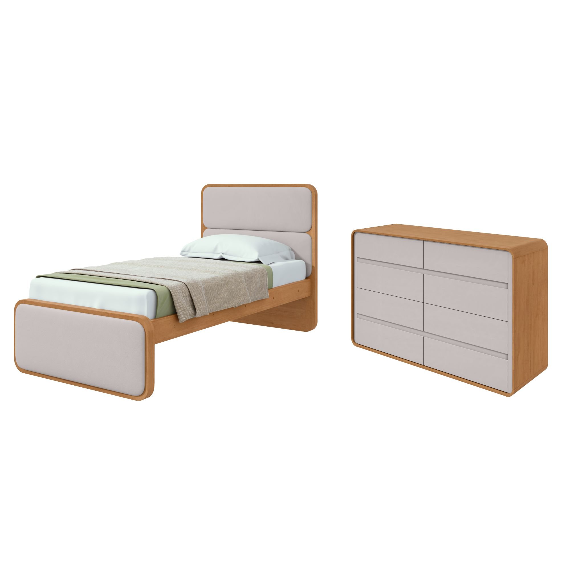 Encontraproduto.com.br - Quarto Infantil com Cama Solteiro Loop Tecido Corano e Cômoda 8 Gavetas 152x48x96cm Loop Amêndoa Clean/Off White