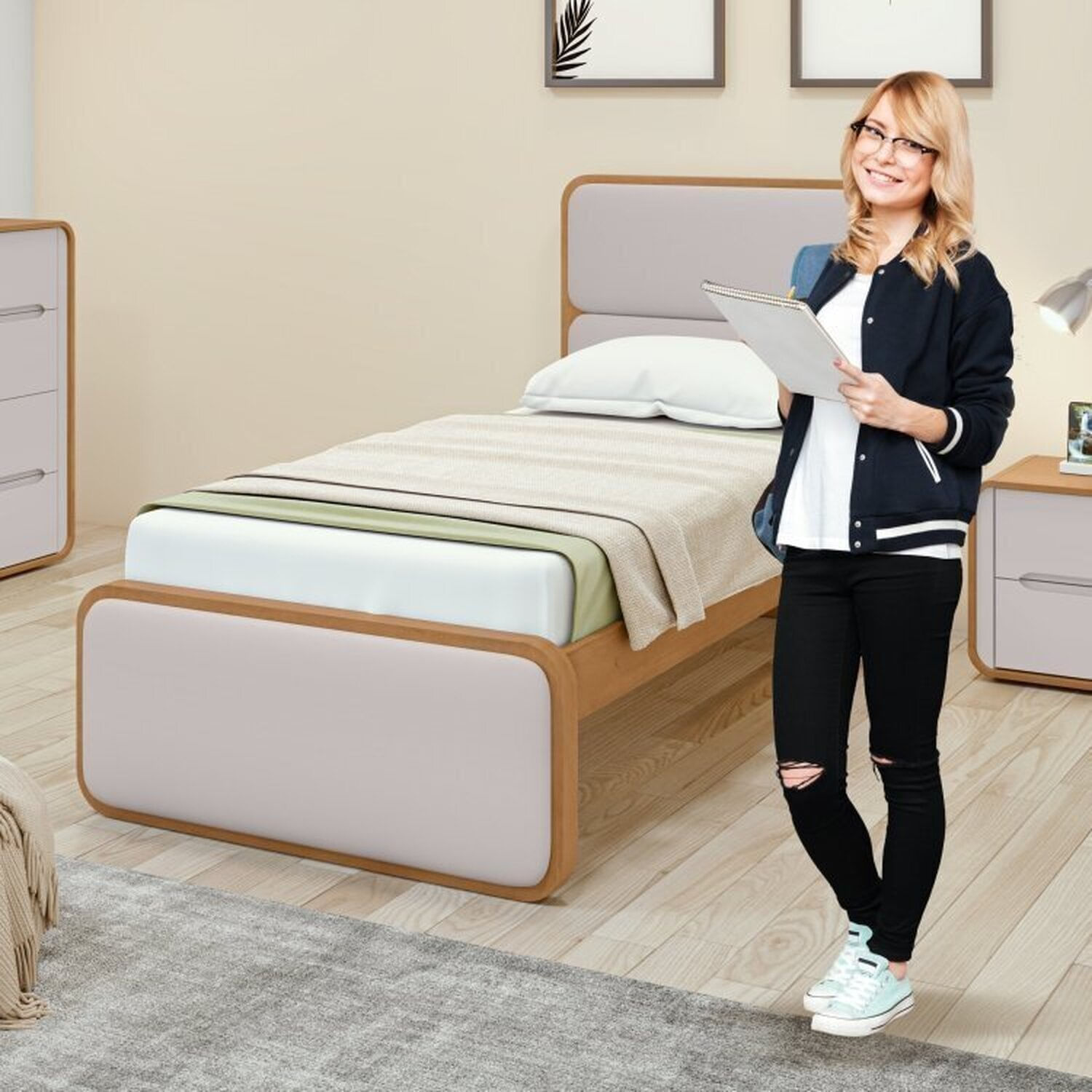 Encontraproduto.com.br - Quarto Infantil com Cama Solteiro Loop Tecido Corano e Cômoda 8 Gavetas 152x48x96cm Loop Amêndoa Clean/Off White