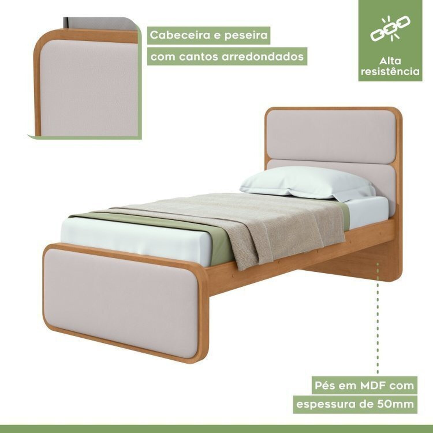 Encontraproduto.com.br - Quarto Infantil com Cama Solteiro Loop Tecido Corano e Cômoda 8 Gavetas 152x48x96cm Loop Amêndoa Clean/Off White