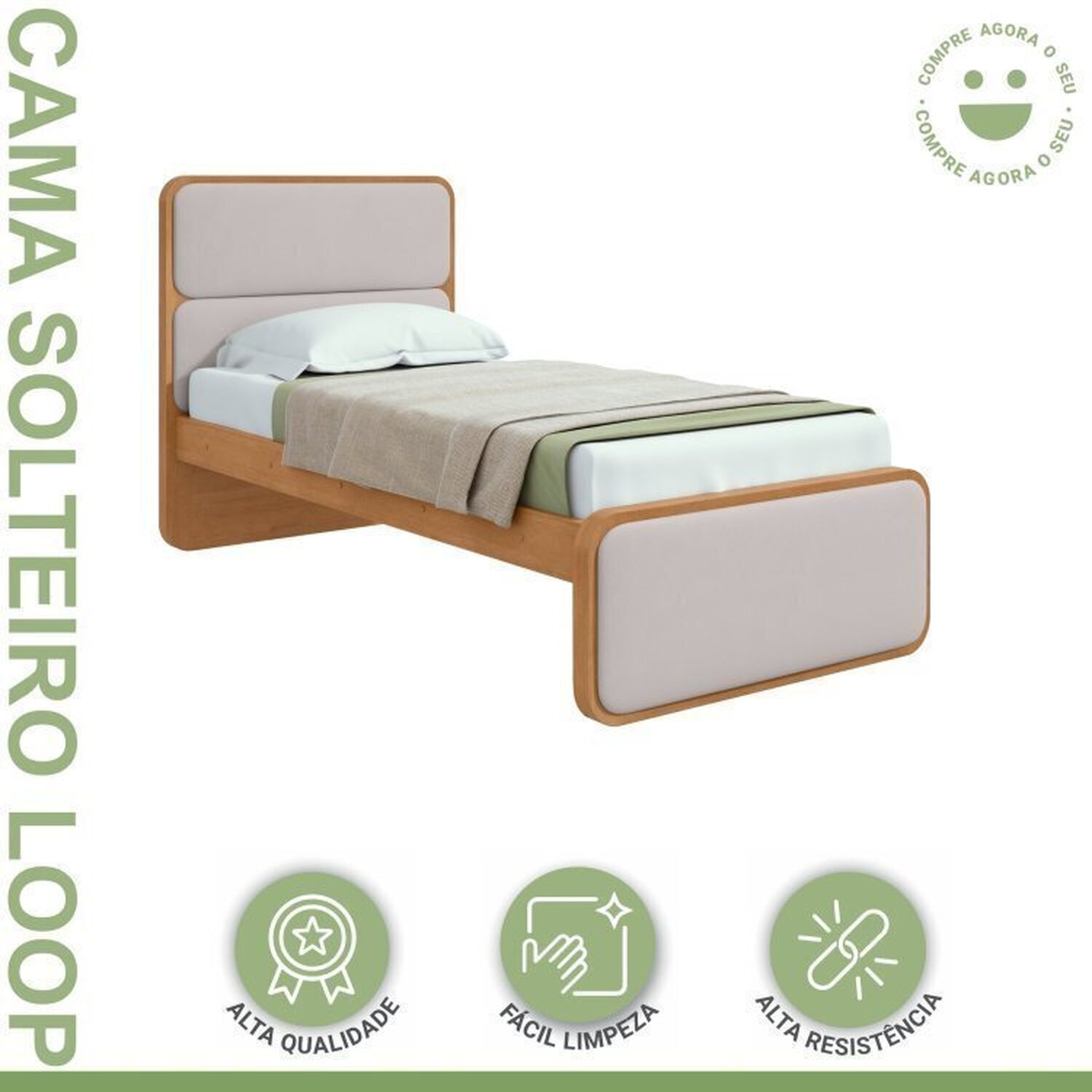 Encontraproduto.com.br - Quarto Infantil com Cama Solteiro Loop Tecido Corano e Cômoda 8 Gavetas 152x48x96cm Loop Amêndoa Clean/Off White