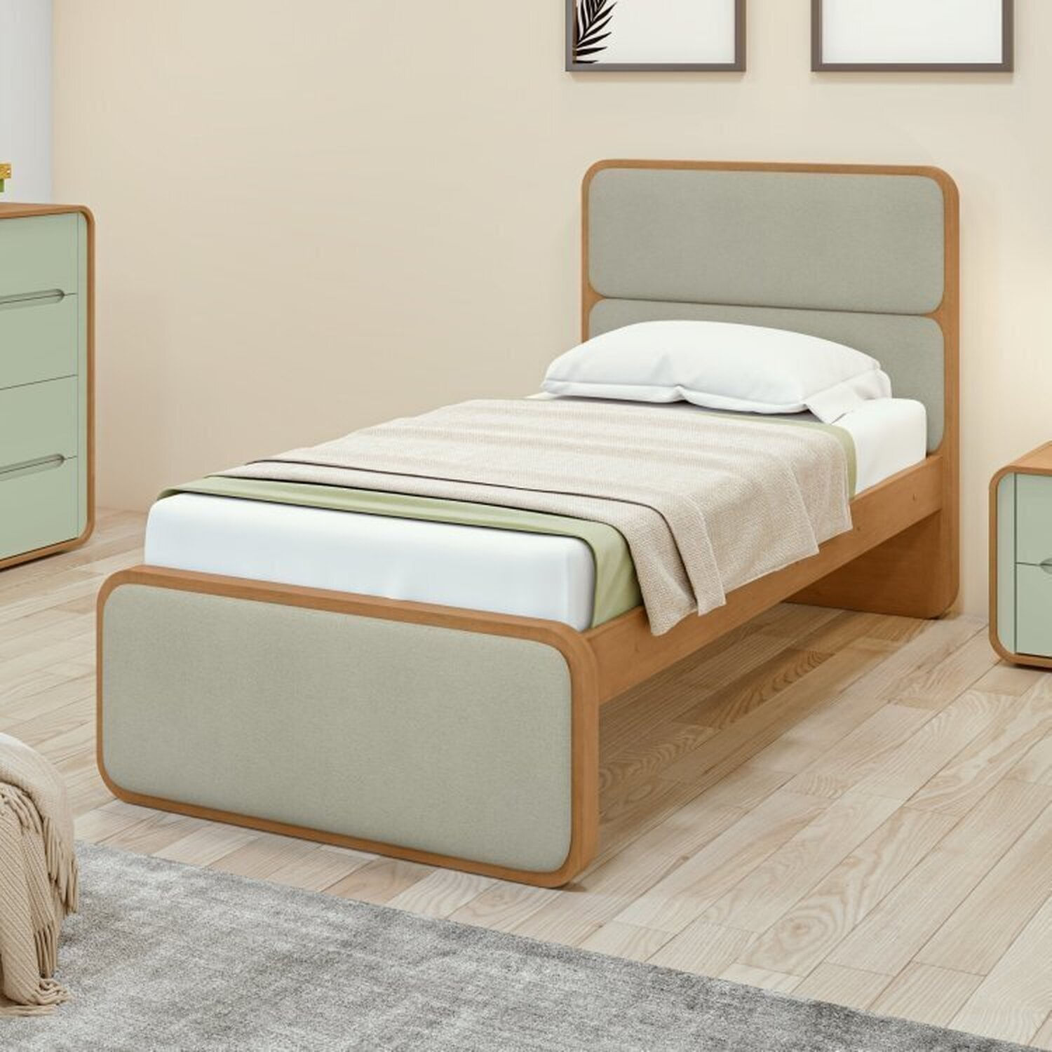 Encontraproduto.com.br - Quarto Infantil com Cama Solteiro Loop Tecido Boucle e Cômoda 8 Gavetas 152x48x96cm Loop Amendoa Clean/Salvia