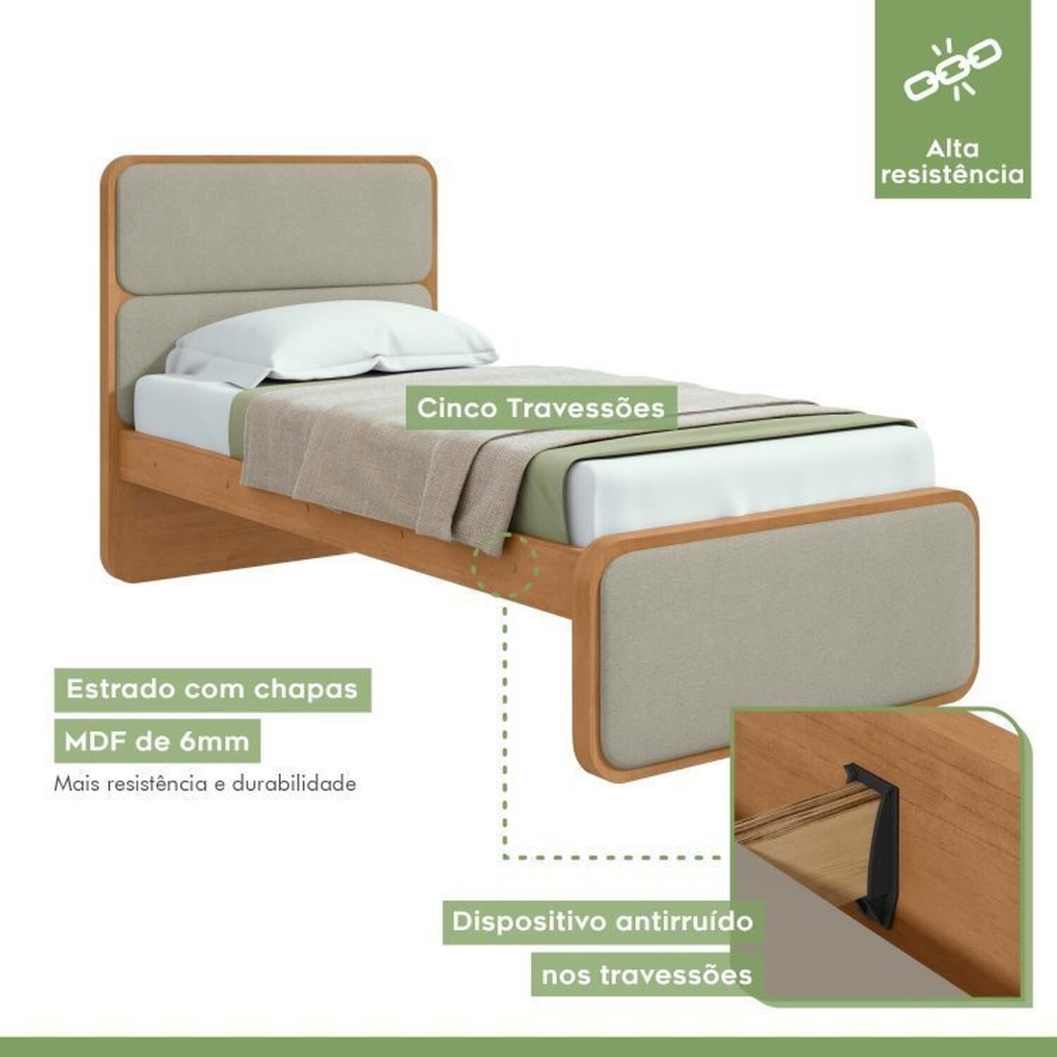 Encontraproduto.com.br - Quarto Infantil com Cama Solteiro Loop Tecido Boucle e Cômoda 8 Gavetas 152x48x96cm Loop Amendoa Clean/Salvia