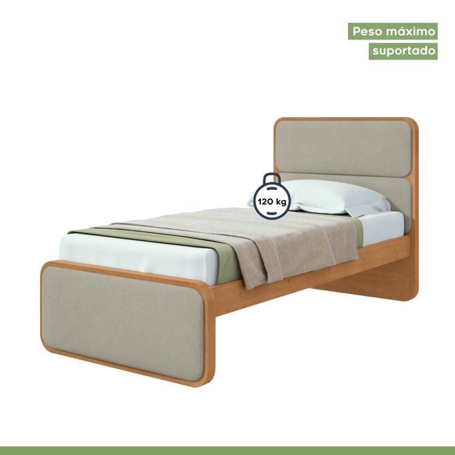 Encontraproduto.com.br - Quarto Infantil com Cama Solteiro Loop Tecido Boucle e Cômoda 8 Gavetas 152x48x96cm Loop Amendoa Clean/Salvia