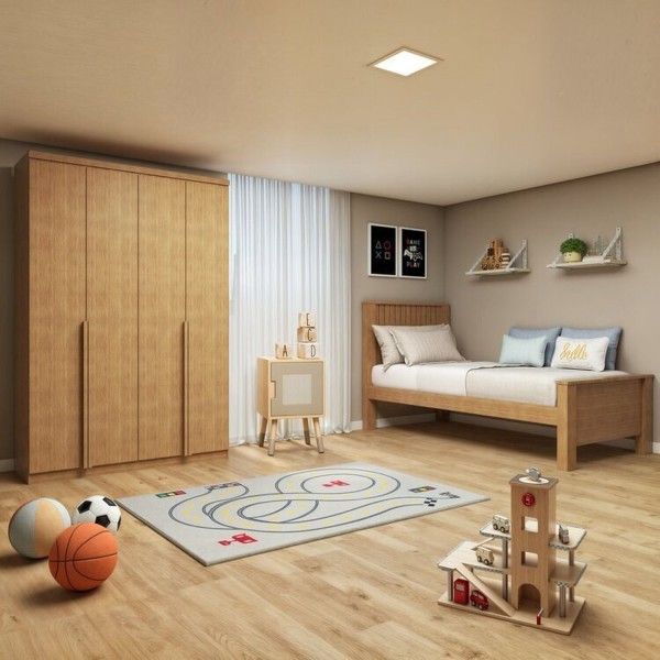 Encontraproduto.com.br - Quarto Infantil com Guarda-Roupa Solteiro 4 Portas 2 Gavetas Alonzo e Cama Solteiro Athenas Amêndoa Clean