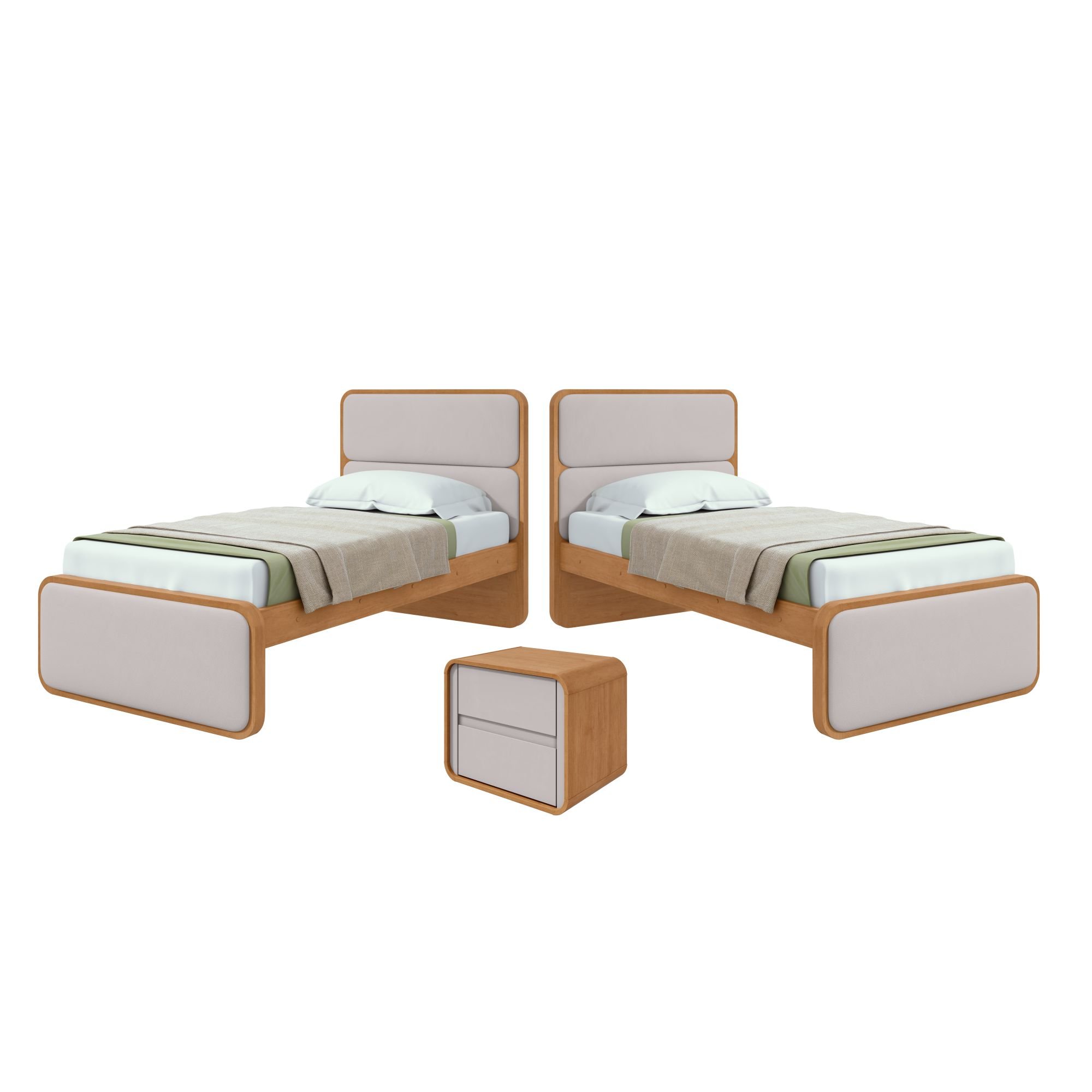Quarto Infantil com 2 Camas Solteiro Loop Tecido Corano e Mesa de Cabeceira 2 Gavetas Loop Amêndoa Clean/Off White