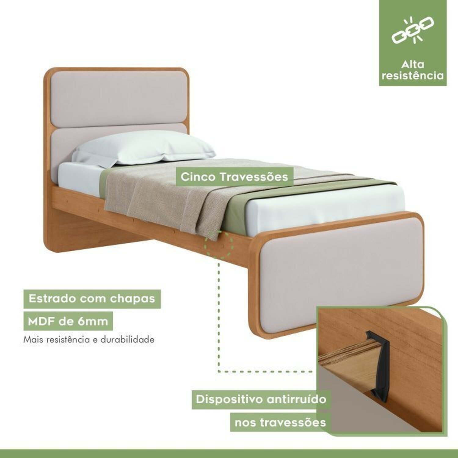Encontraproduto.com.br - Quarto Infantil com 2 Camas Solteiro Loop Tecido Corano e Mesa de Cabeceira 2 Gavetas Loop Amêndoa Clean/Off White