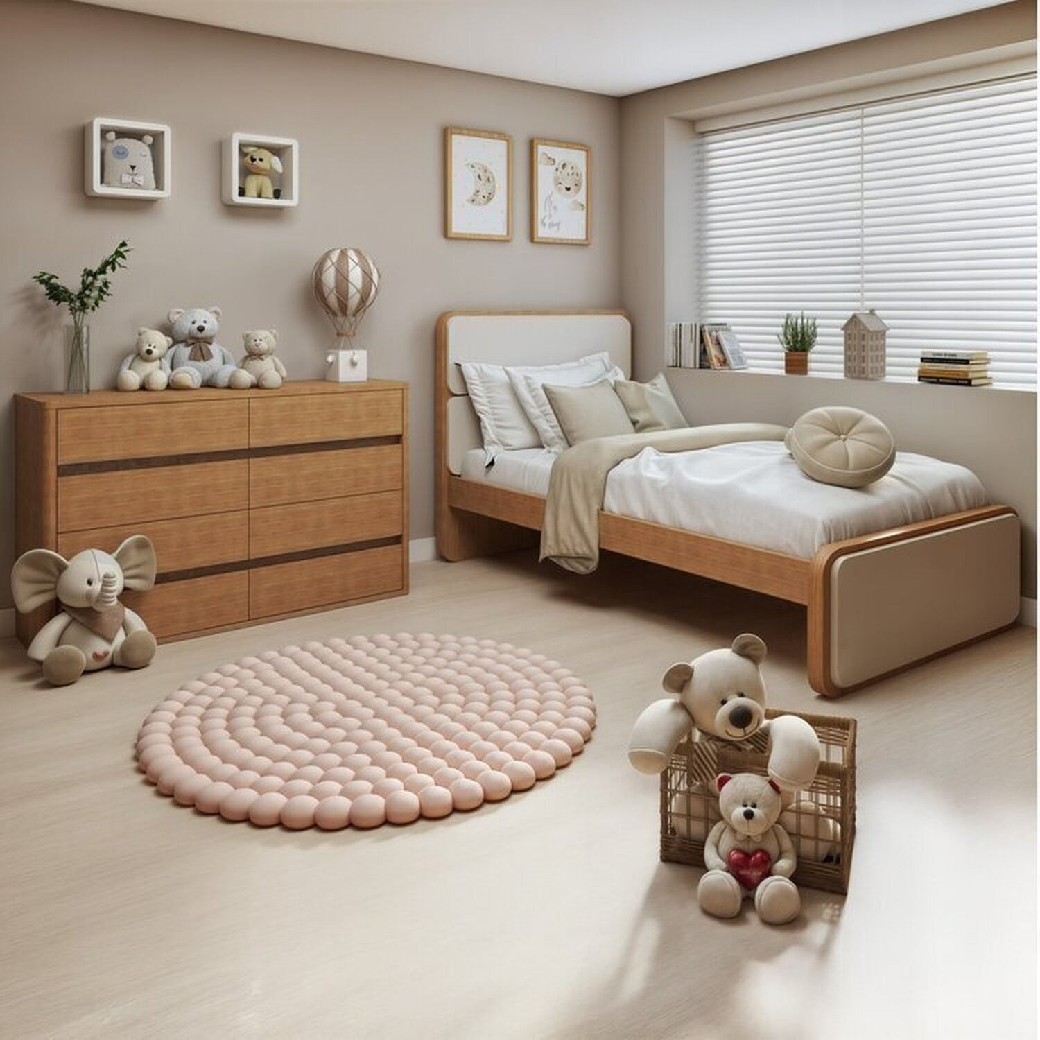 Quarto Infantil com Cama Solteiro Loop Tecido Corano e 	Cômoda 8 Gavetas 150x95cm Leder Amêndoa Clean