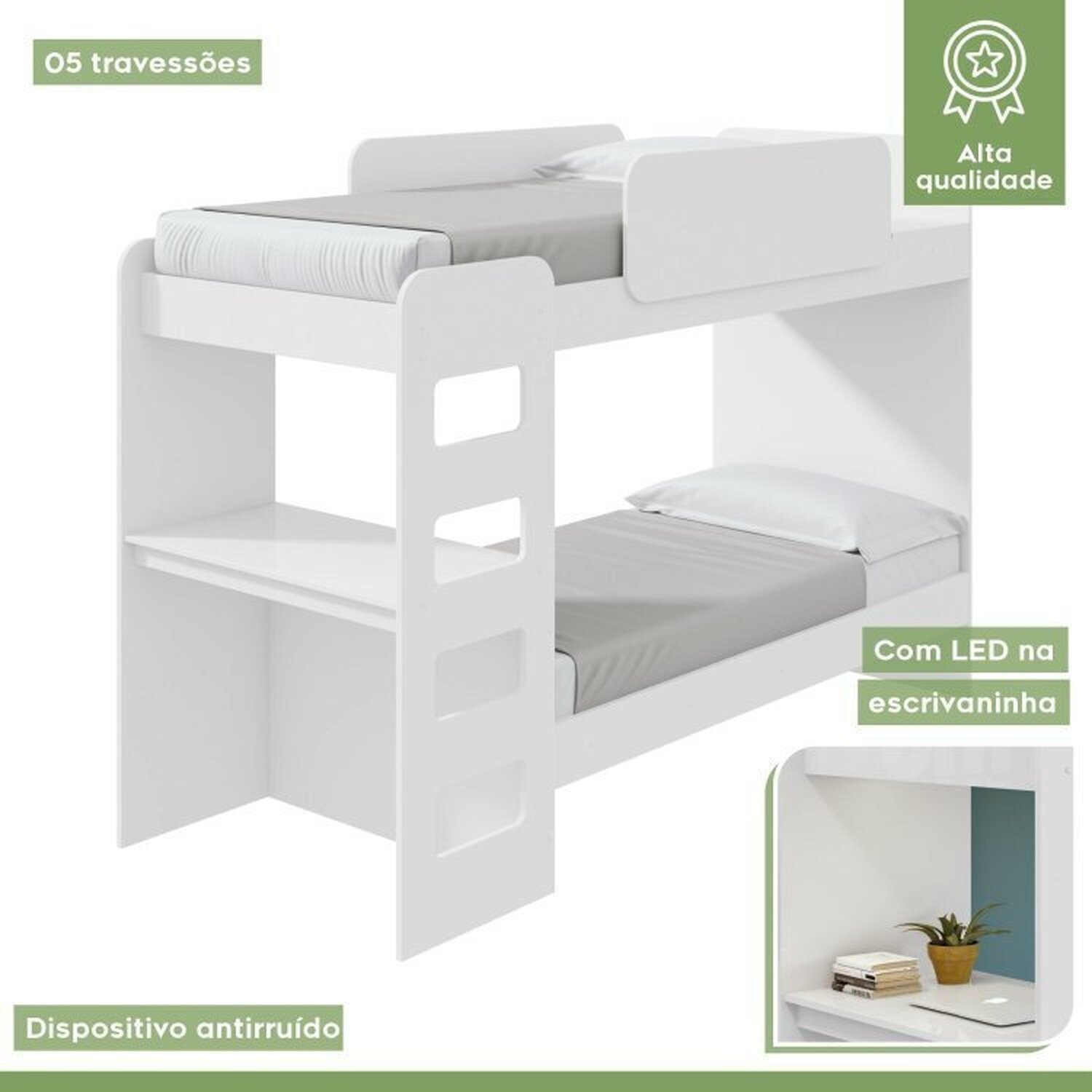 Encontraproduto.com.br - Quarto Infantil Beliche Olga com Cômoda e Mesa de Cabeceira Baião Branco