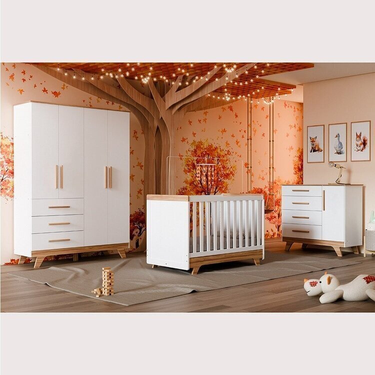 Quarto de Bebê Completo com Guarda Roupa Cômoda e Berço 100% Mdf Kakau Retrô Espresso Móveis Branco Brilho/Amêndoa