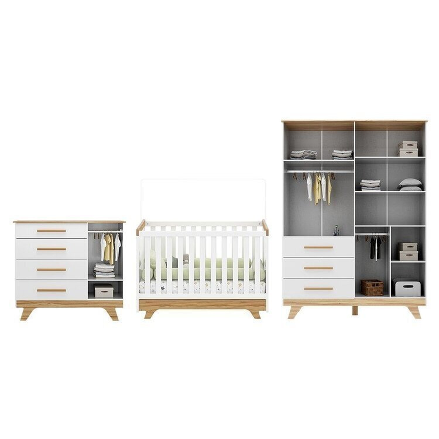 Encontraproduto.com.br - Quarto de Bebê Completo com Guarda Roupa Cômoda e Berço 100% Mdf Kakau Retrô Espresso Móveis Branco Brilho/Amêndoa
