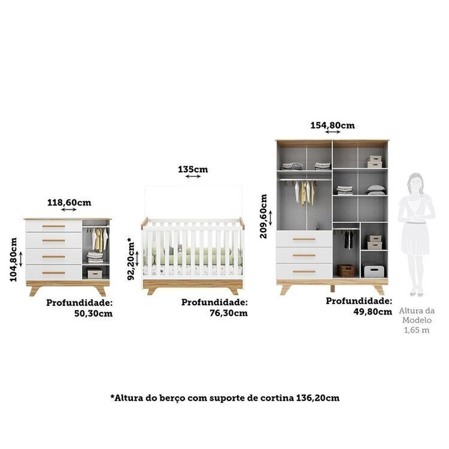 Encontraproduto.com.br - Quarto de Bebê Completo com Guarda Roupa Cômoda e Berço 100% Mdf Kakau Retrô Espresso Móveis Branco Brilho/Amêndoa