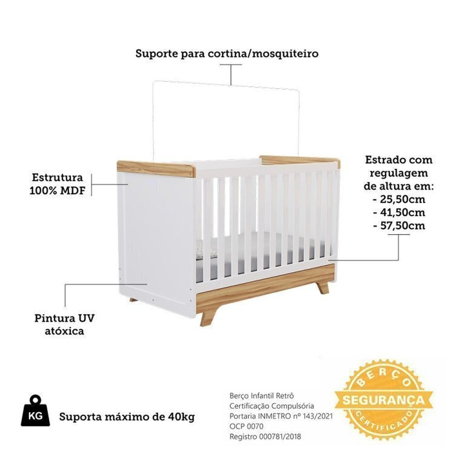 Encontraproduto.com.br - Quarto de Bebê Completo com Guarda Roupa Cômoda e Berço 100% Mdf Kakau Retrô Espresso Móveis Branco Brilho/Amêndoa