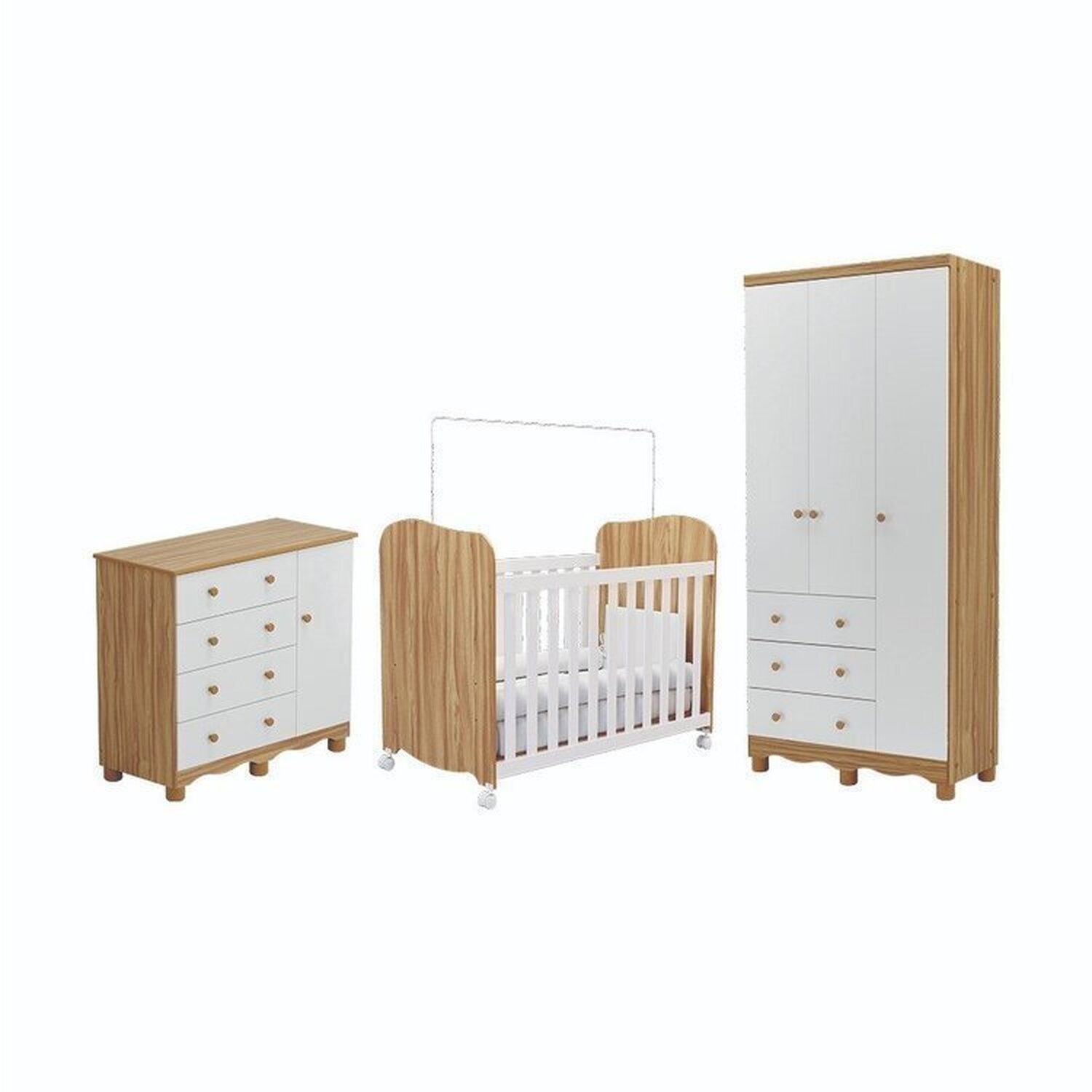 Encontraproduto.com.br - Quarto de Bebê Completo com Guarda Roupa 3 Portas Cômoda e Berço 100% Mdf Mimo Espresso Móveis Branco Brilho/Amêndoa