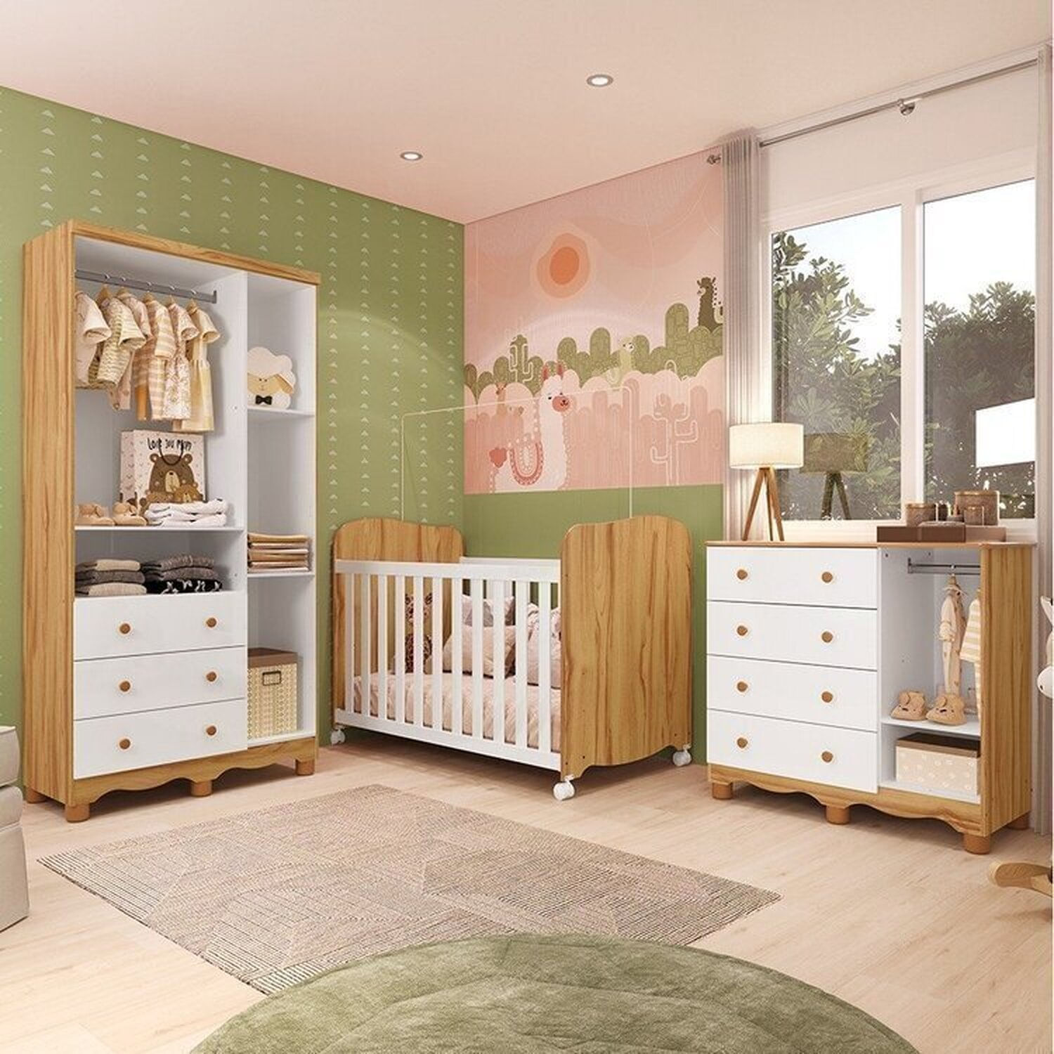 Encontraproduto.com.br - Quarto de Bebê Completo com Guarda Roupa 3 Portas Cômoda e Berço 100% Mdf Mimo Espresso Móveis Branco Brilho/Amêndoa