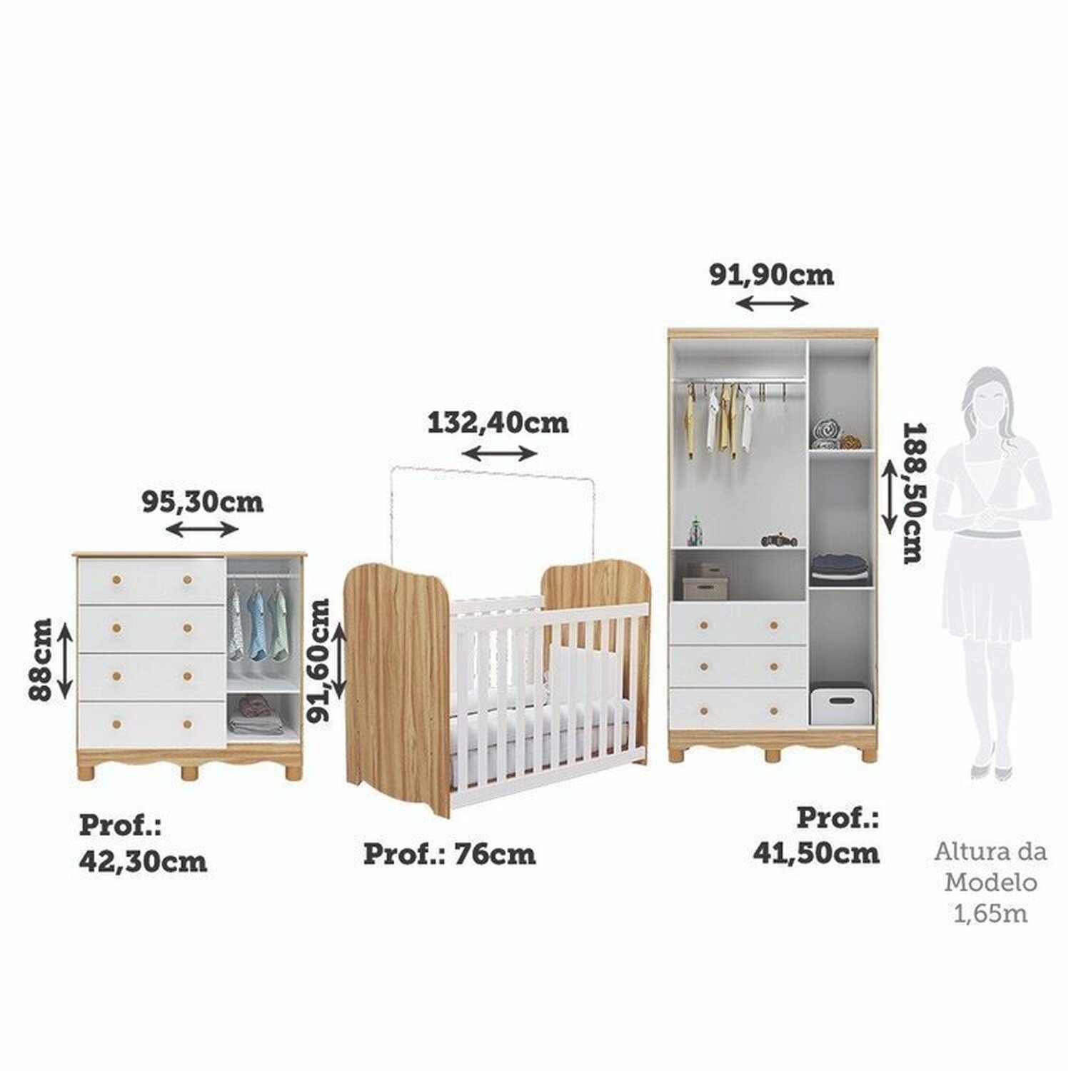 Encontraproduto.com.br - Quarto de Bebê Completo com Guarda Roupa 3 Portas Cômoda e Berço 100% Mdf Mimo Espresso Móveis Branco Brilho/Amêndoa