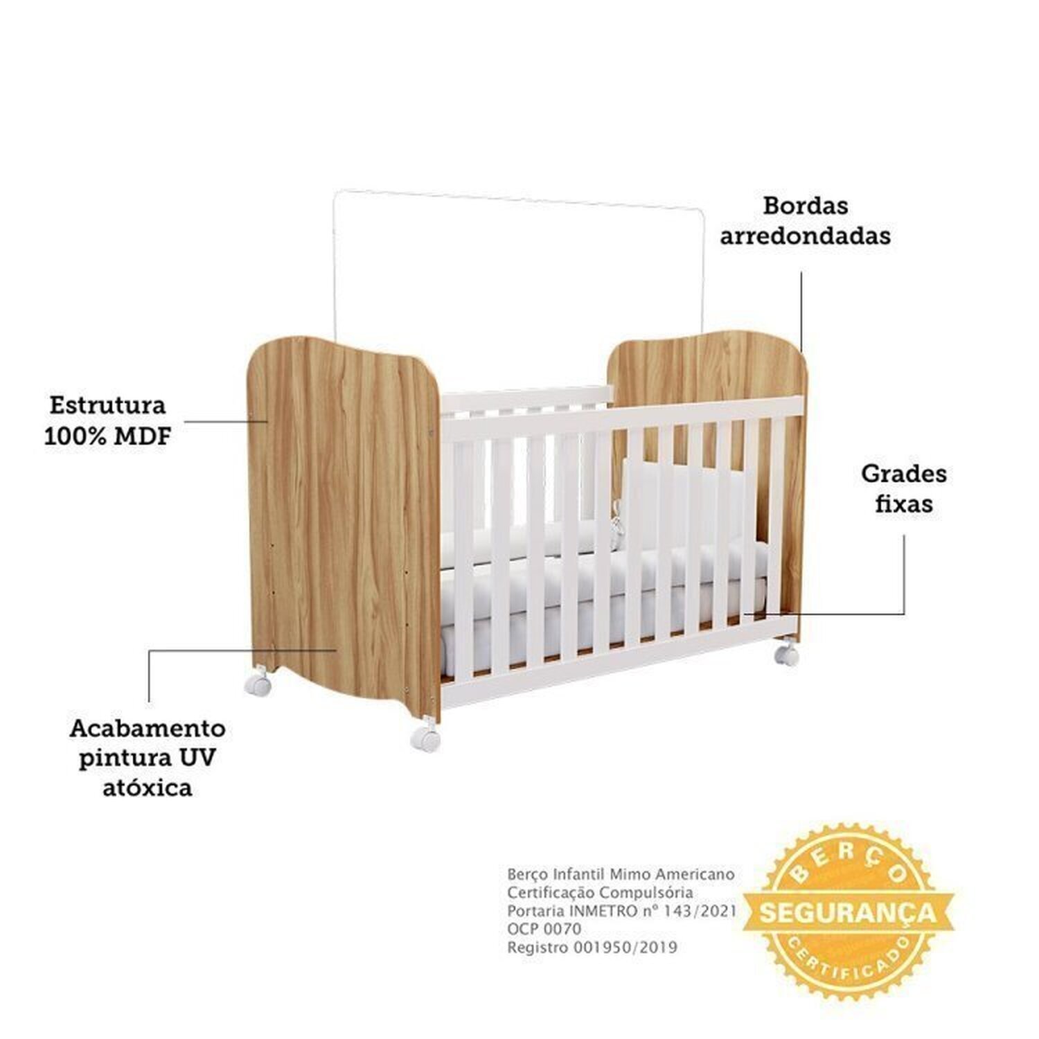 Encontraproduto.com.br - Quarto de Bebê Completo com Guarda Roupa 3 Portas Cômoda e Berço 100% Mdf Mimo Espresso Móveis Branco Brilho/Amêndoa