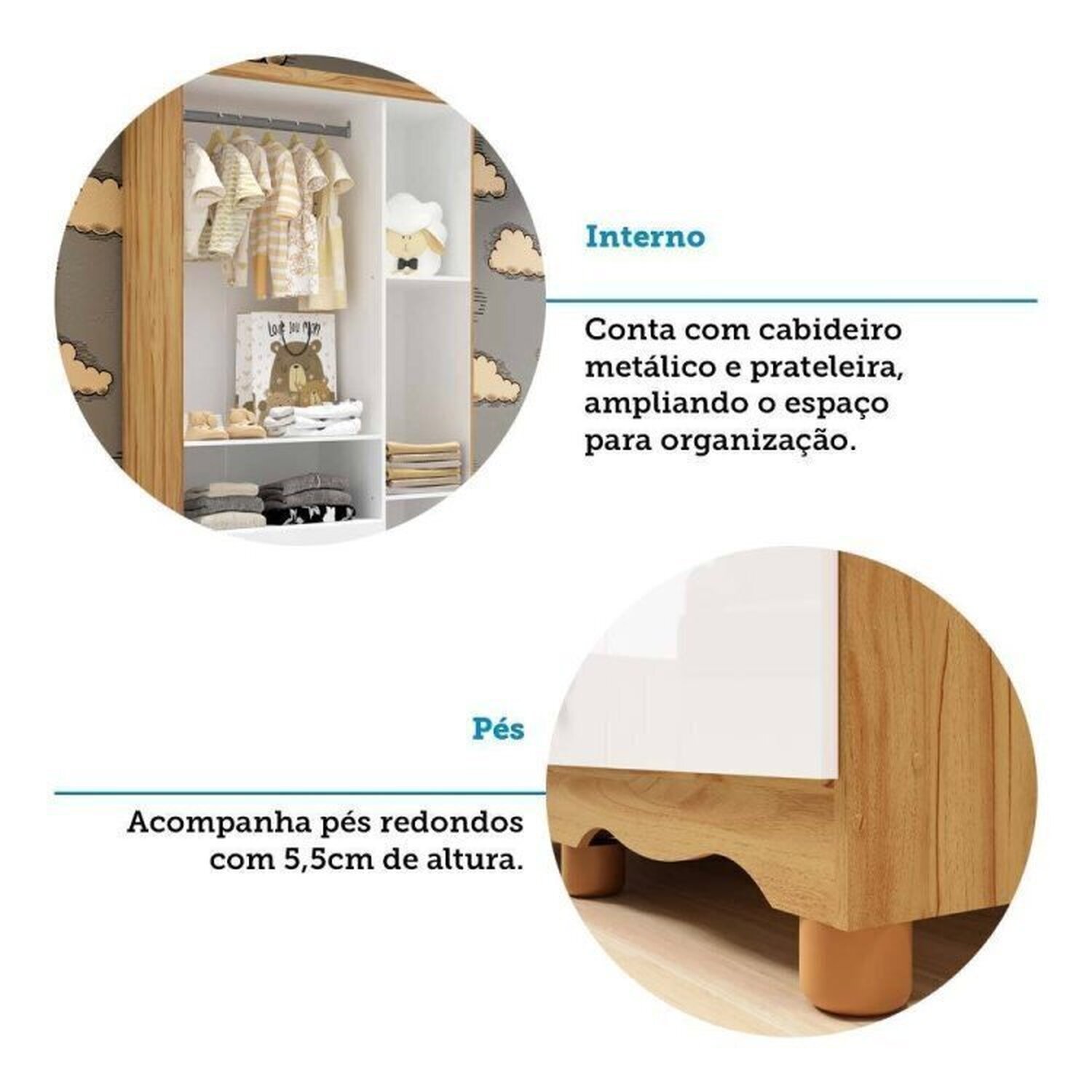 Encontraproduto.com.br - Quarto de Bebê Completo com Guarda Roupa 3 Portas Cômoda e Berço 100% Mdf Mimo Espresso Móveis Branco Brilho/Amêndoa