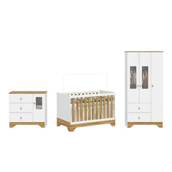 Encontraproduto.com.br - Quarto de Bebê Completo Guarda-roupa e Cômoda com Janelas e Berço 100% Mdf Ravy Espresso Móveis Branco Brilho/Amêndoa