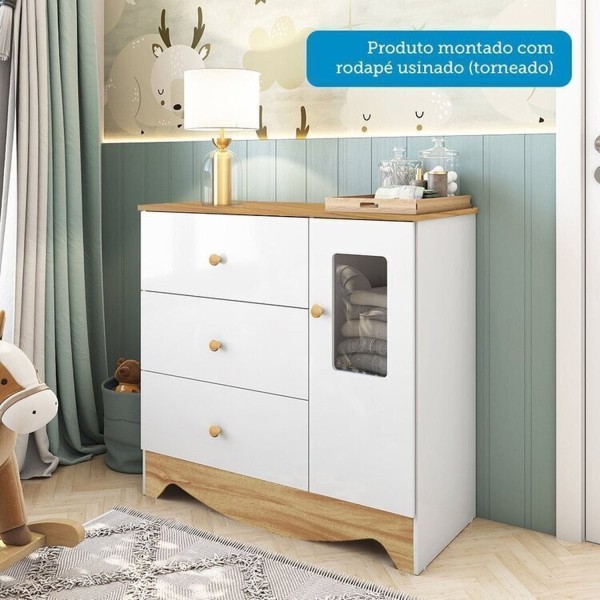 Encontraproduto.com.br - Quarto de Bebê Completo Guarda-roupa e Cômoda com Janelas e Berço 100% Mdf Ravy Espresso Móveis Branco Brilho/Amêndoa